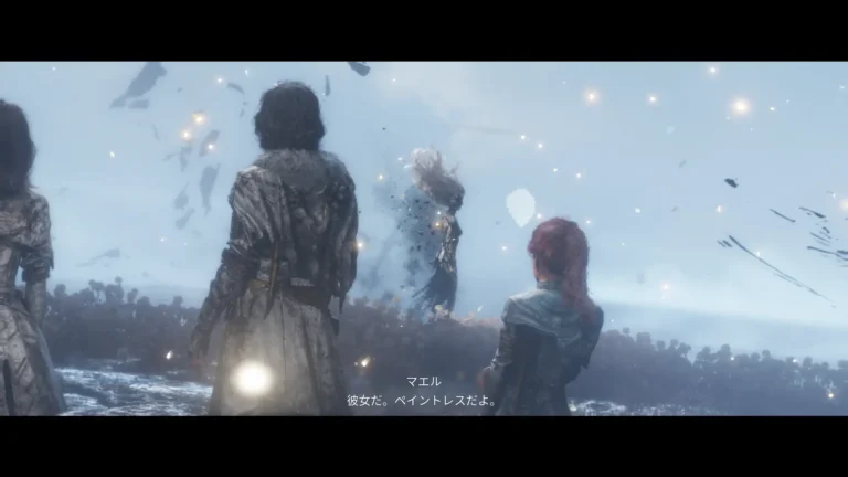 Clair Obscur: Expedition 33 ペイントレスの姿と彼女だ。ペイントレスだよ。と伝えるマエルと仲間たち