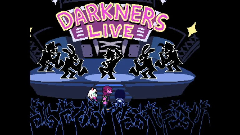 DELTARUNE DARKNERS LIVEと書かれたステージに立っているシャドウガイたち