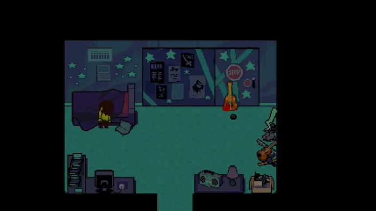 DELTARUNE ベッドの下から出てきたクリスと床に落ちたソウル