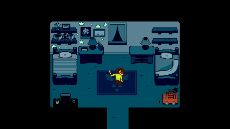 DELTARUNE クリスの部屋でクリス?がナイフを片手にこちら側を見ているゲーム画面