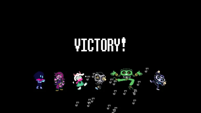 DELTARUNE 仲良く踊っている仲間たちとスイート・キャップ・ケーキとVICTORYと書かれた画面